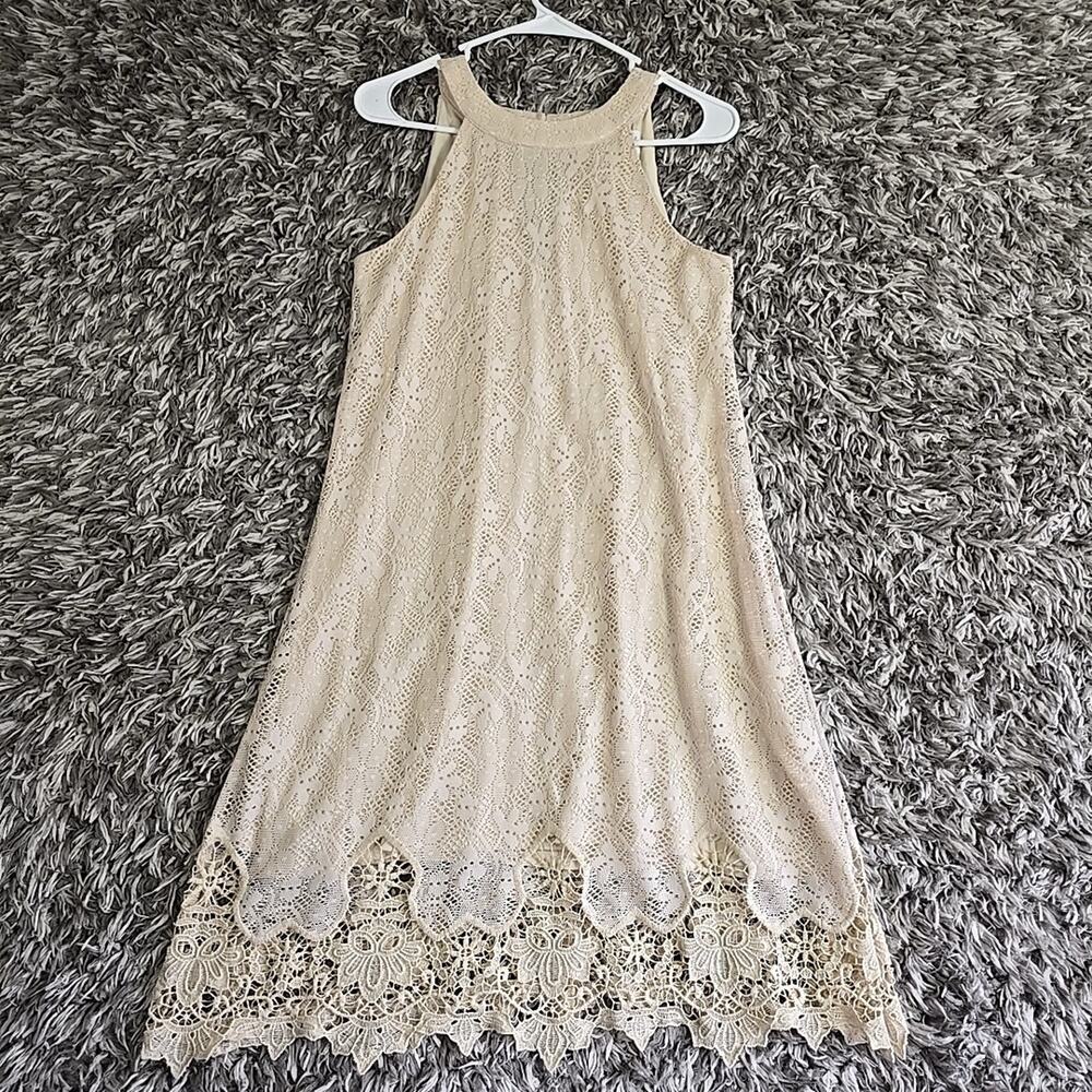 Roxberi Sleeveless Halter A-line Dress Pink Crochet Lace Lined Size L